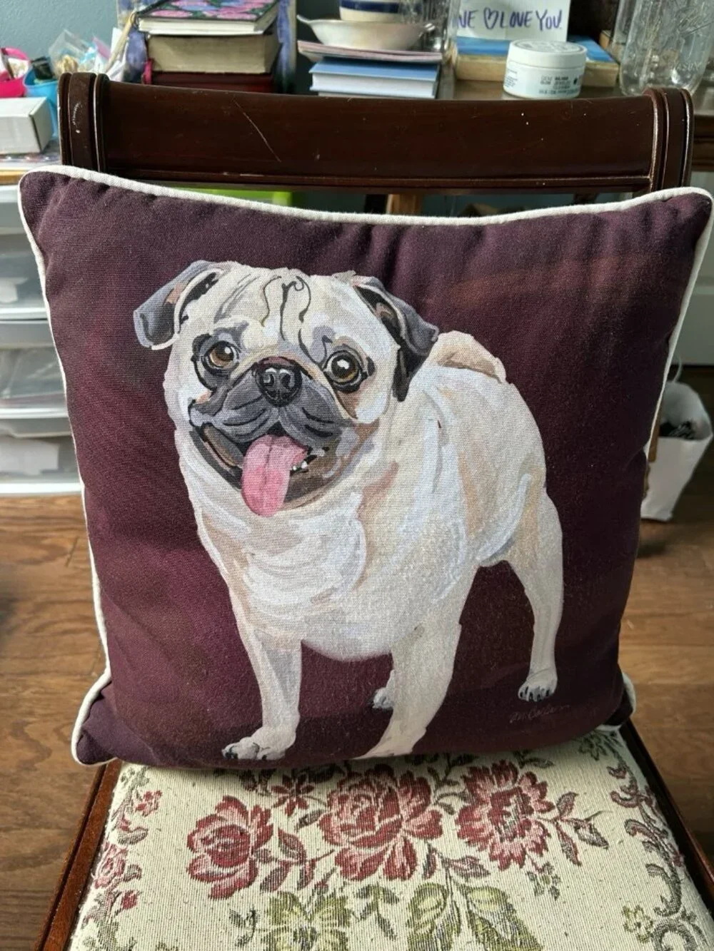 Printed Pug Throw Pillow 18x18 Burgundy